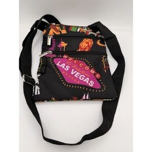 Las Vegas J. Garden Graphic Black Crossbody Bag Multiple Zippers